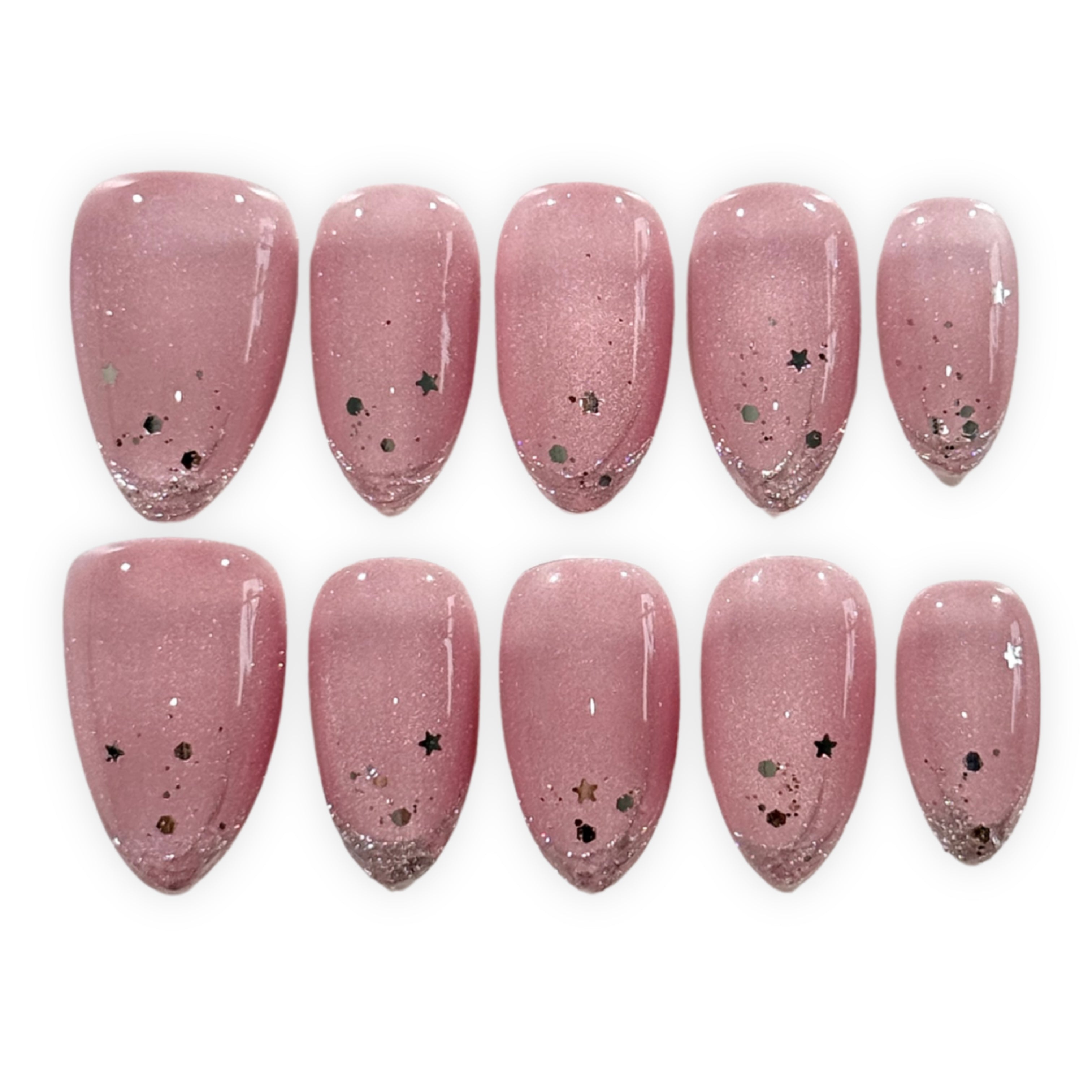 Pink Cat Eye with Silver Short Almond