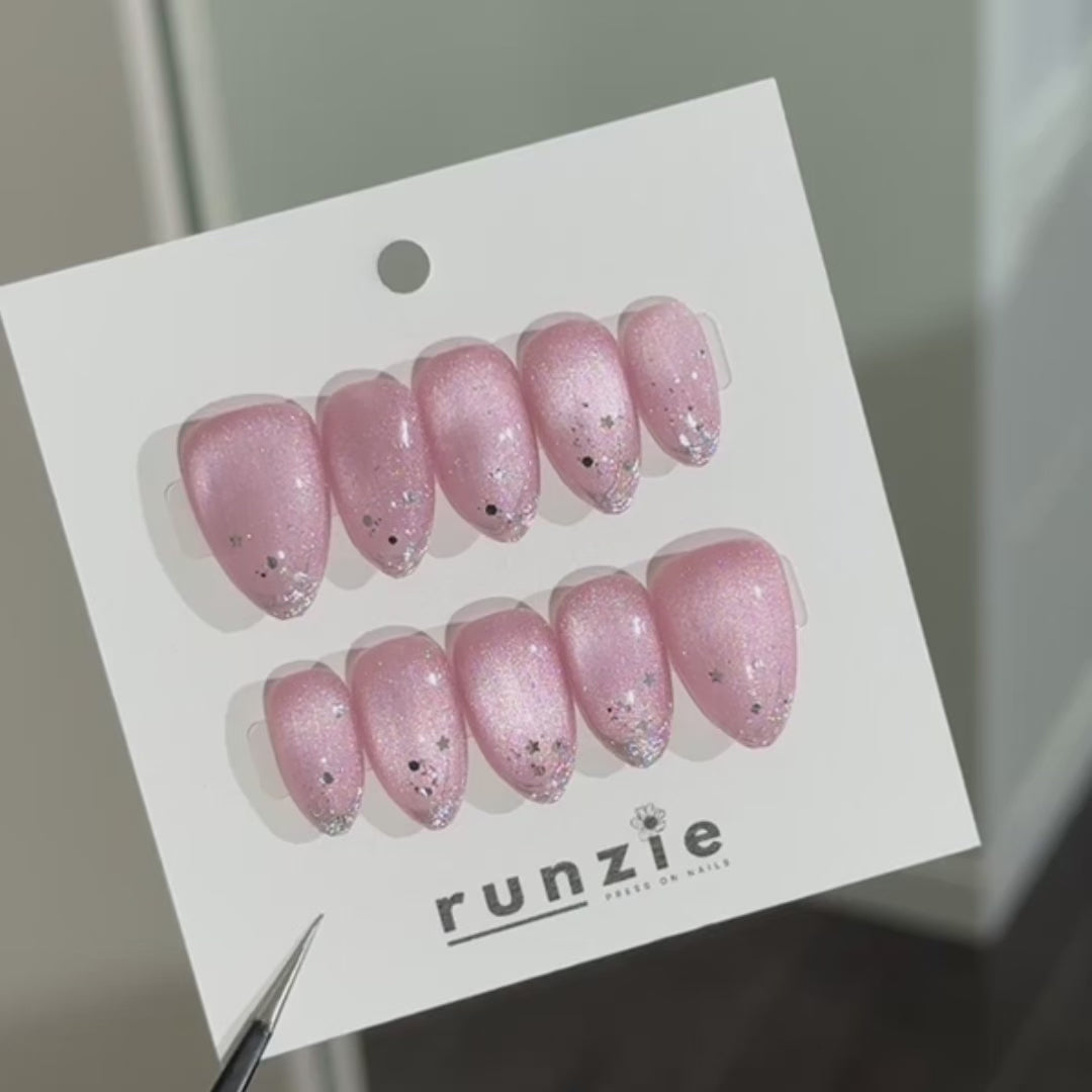 Pink Cat Eye with Silver Short Almond